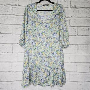 Black Tape Womens Multicolor Paisley Satin V-Neck Ruffled Hem Mini Dress Medium